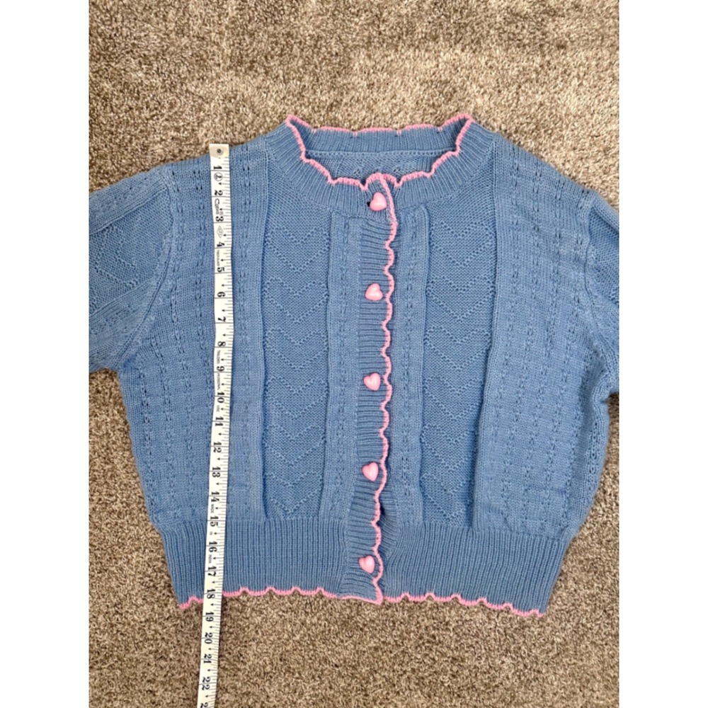 Blue Knit Cardigan Pink Heart Buttons Scallop Trim Coquette Cottagecore Sweater - Picture 2 of 3